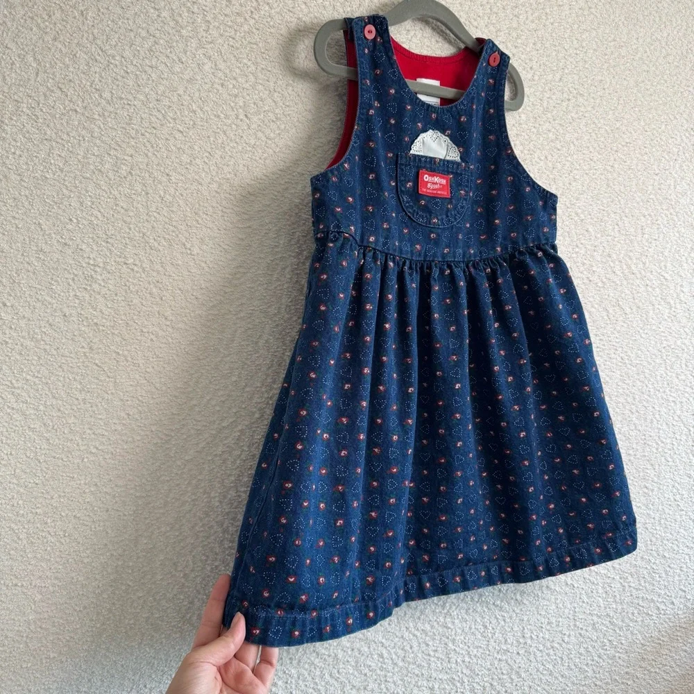 Vintage‎ Osh Kosh B’Gosh Denim Jumper Dress Red White Floral Heart Print Size 6